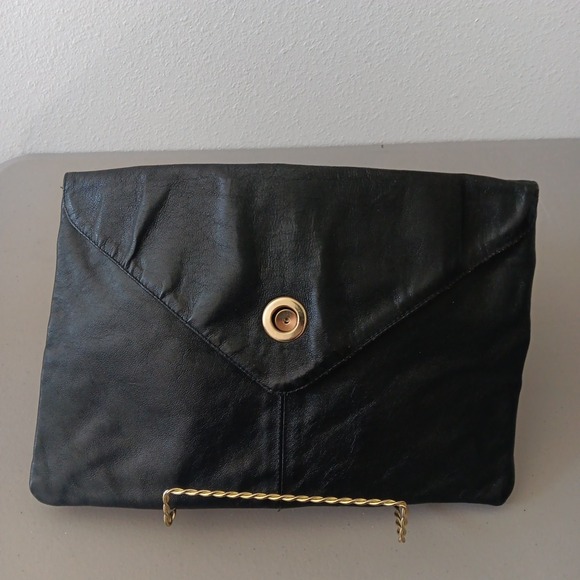 Joan‎ Harper Handbag Double Envelope Clutch Black Italian Leather Retro Goth VTG - Picture 2 of 13